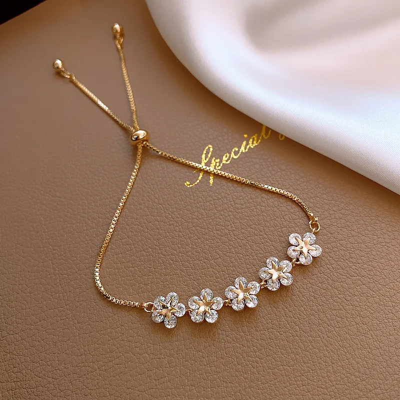 Adjustable Snowflake Rhinestone Flower Drawstring Bracelet Dainty Floral zircon Charm Jewelry Gift for Women
