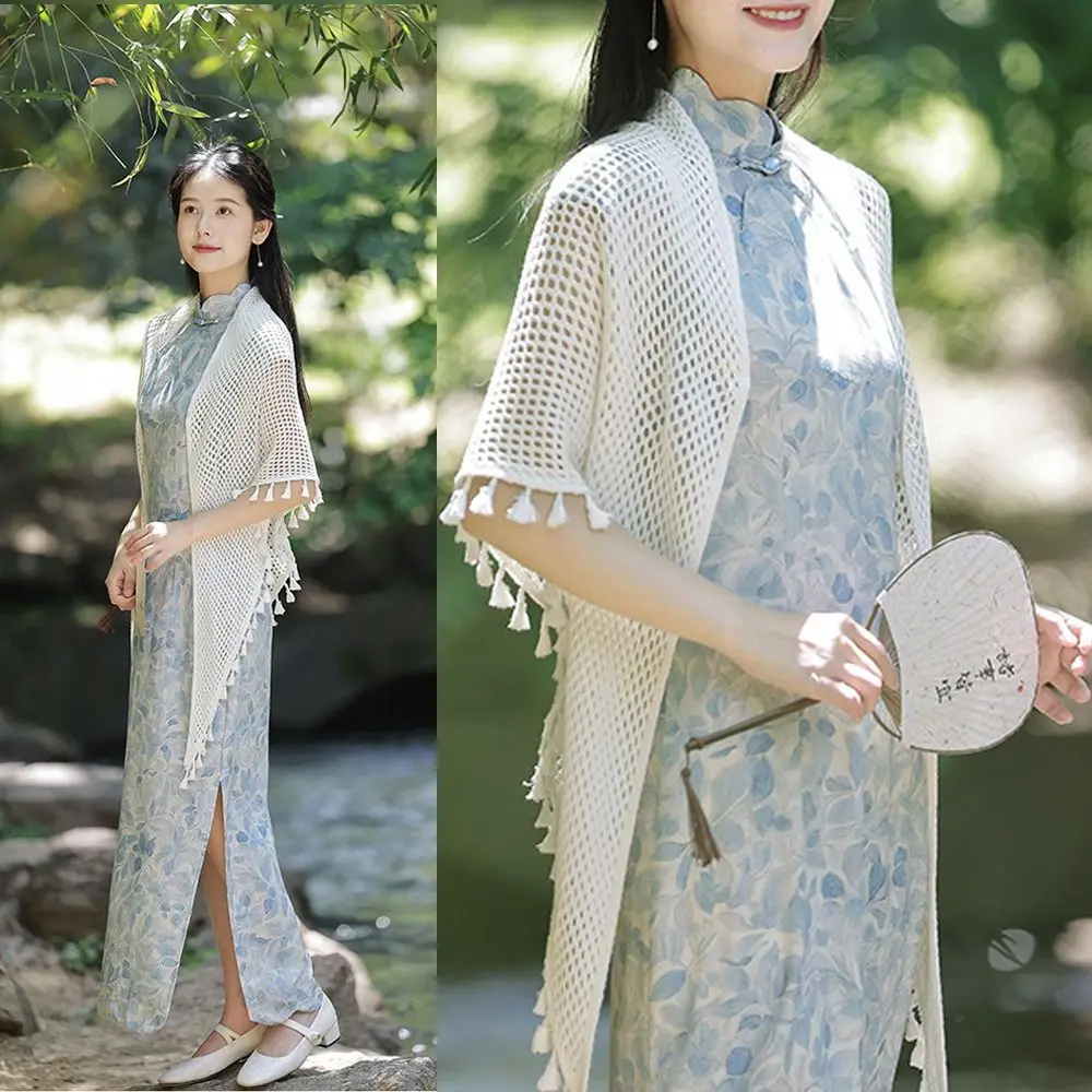 

Womens Fashion Tassel Long Knitted Shawl Hollow Out Chinese Style Open Cardigan Elegant Luxury Sunscreen Outerwear Spring Autumn