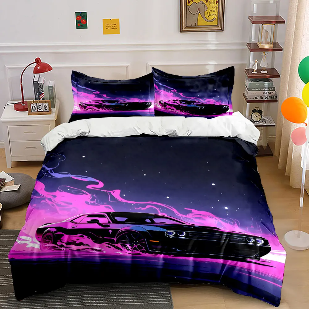 Cyber-neon muscle car theme Print Bedding Set 1 Duvet Cover 2 Pillowcases for Adult and Children Luxury Gift Full Size