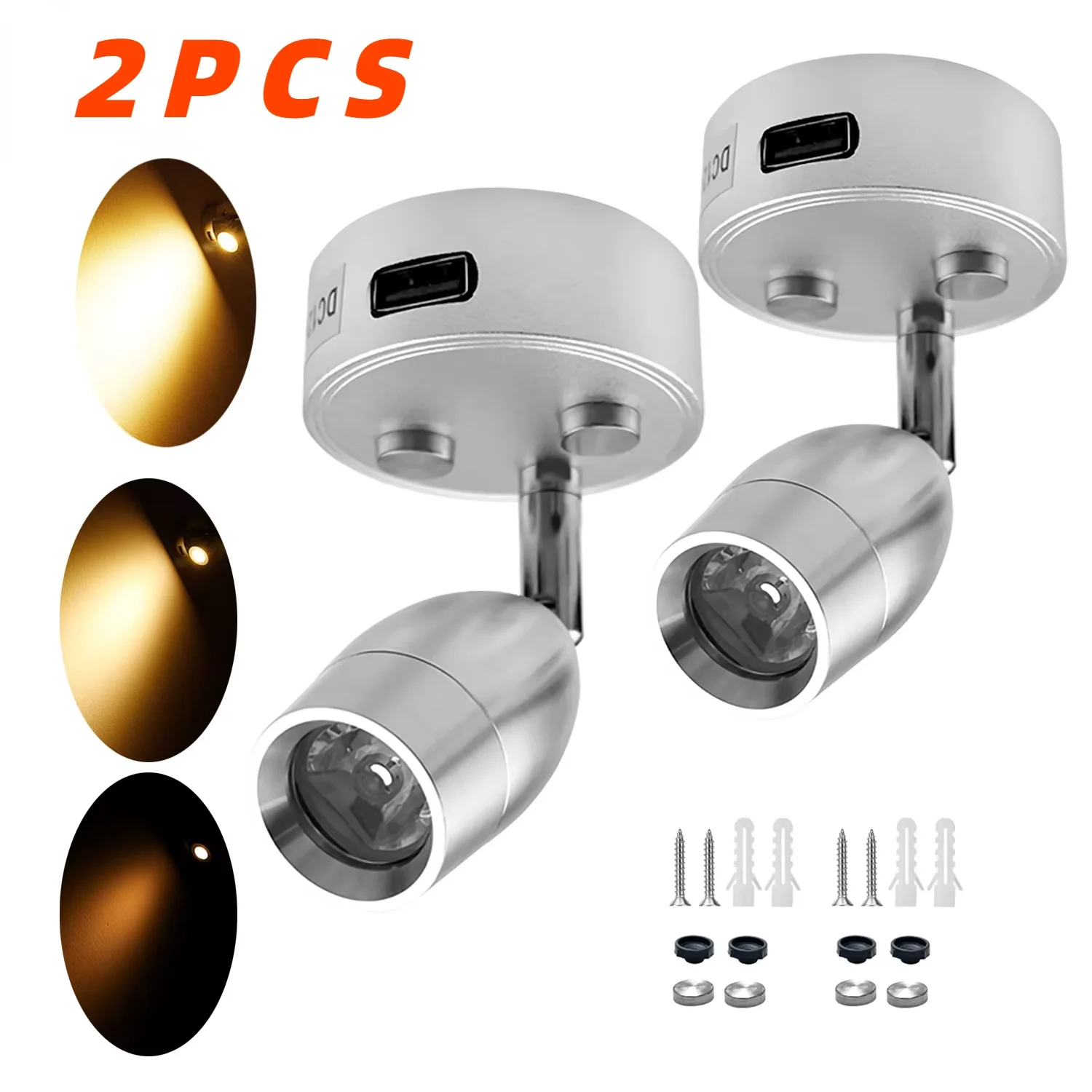 2PCS RV Interior Reading Led Spot Light Dimmiable 360 Degree Rotatable Wall Lamp for Boat Caravan Motorhome Trailer Truck Yacht