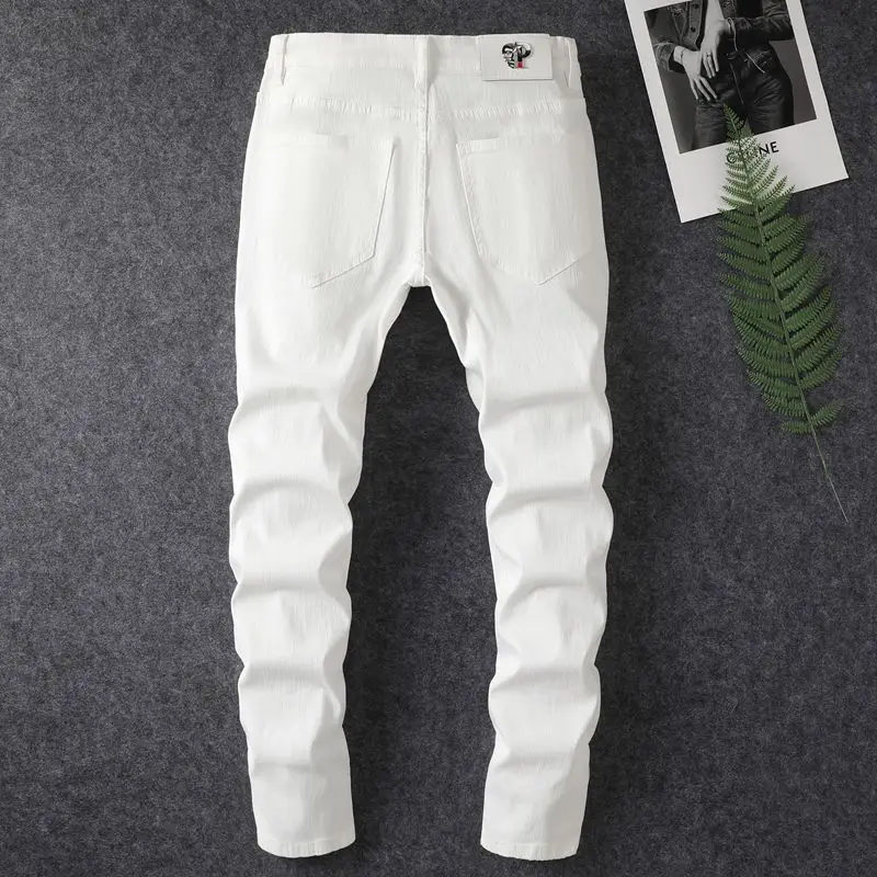 New MEN'S jeans fashion White casual hole patch hot diamond elastic straight fit versatile washed cotton youth denim pants