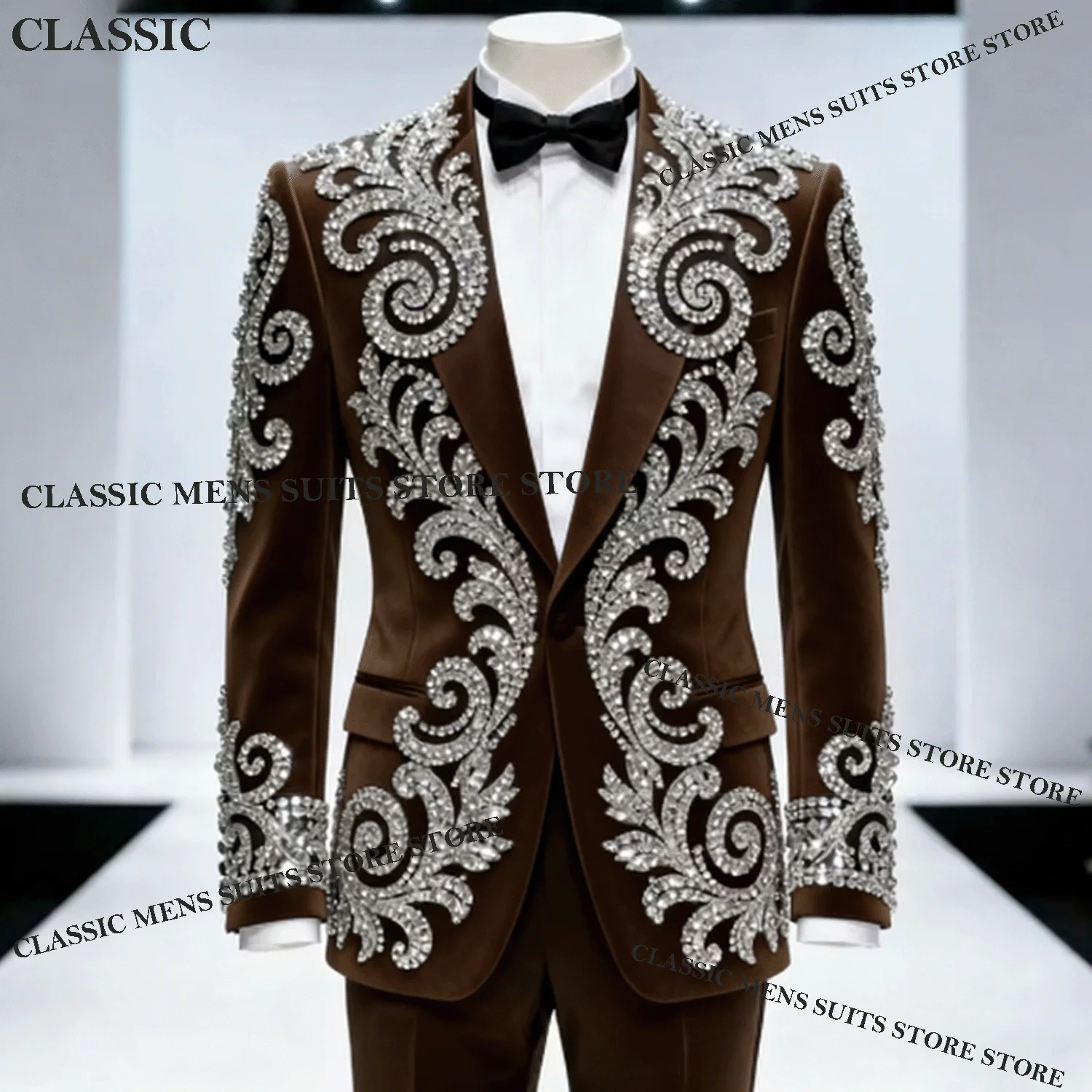 

Handmade Customized Crystal Formal Rhinestones Men Suits 2 Pieces Sets Groom Male Blazers Wedding Tuxedos Slim Fit Ropa hombre