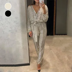 Women's Sparkly V Neck Belted Waisted Jumpsuits Sexy Long Sleeve Onesie Loose Pants