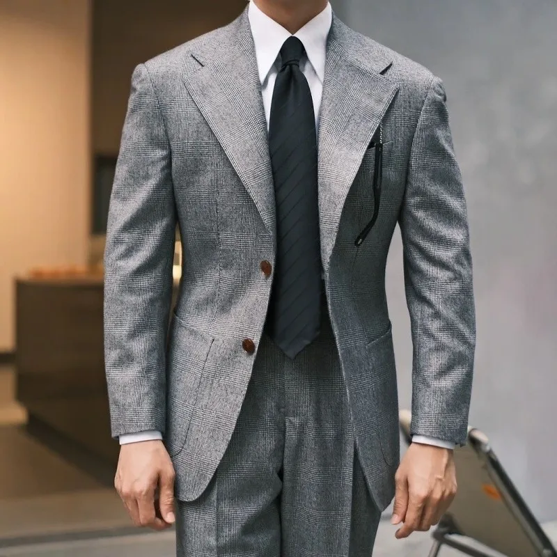

Весенне-осенний новый шерстяной пиджак, повседневный мужской приталенный костюм в клетку в корейском стиле, деловой пиджак больших размеров