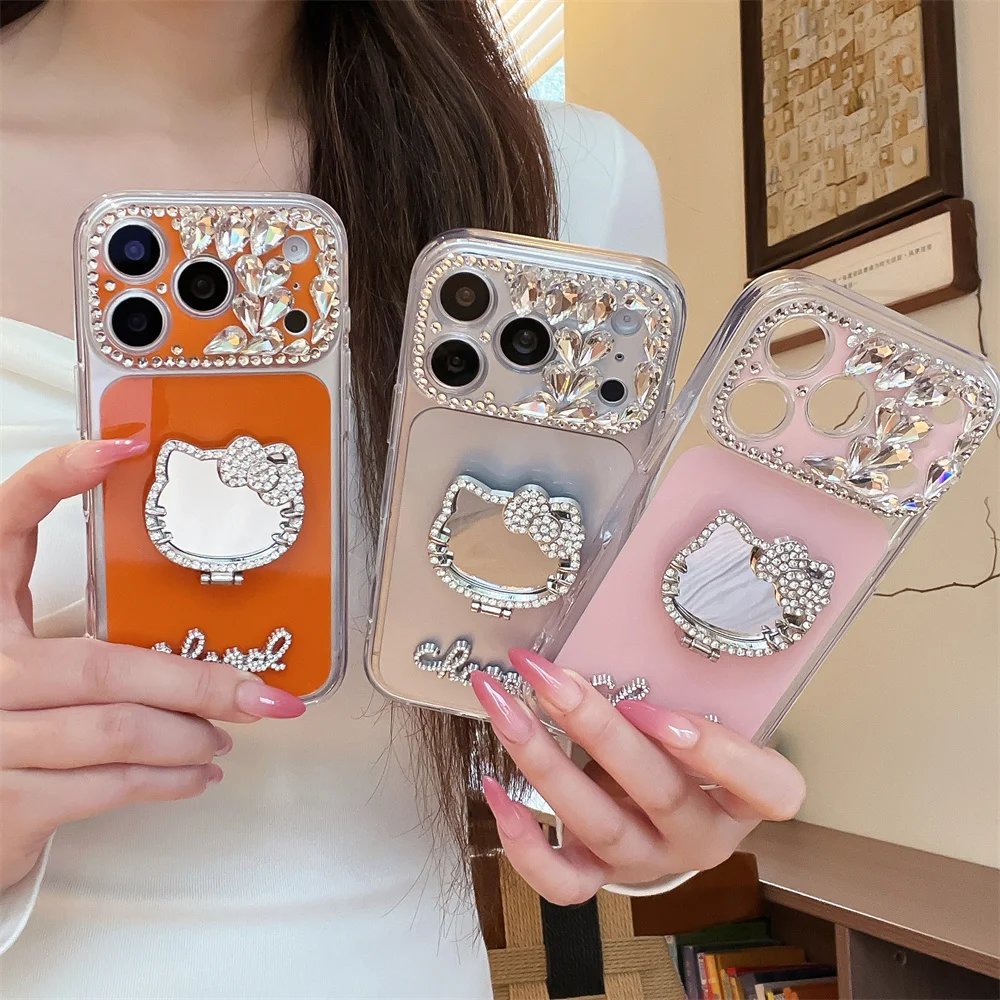 

Diamond Hello Kitty Mirror with Stand Luxury Phone Case for iPhone 17 Pro Max 16 15 14 13 16 Pro Fundas Cute Shockproof Cover