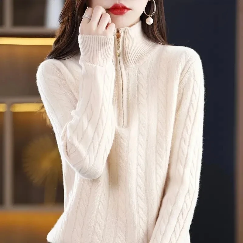 

2025 Autumn New Pullover Half Turtleneck Sweater Women Thick Loose Knitted Casual Wild Solid Jumper Femme Knitwear Zipper Tops