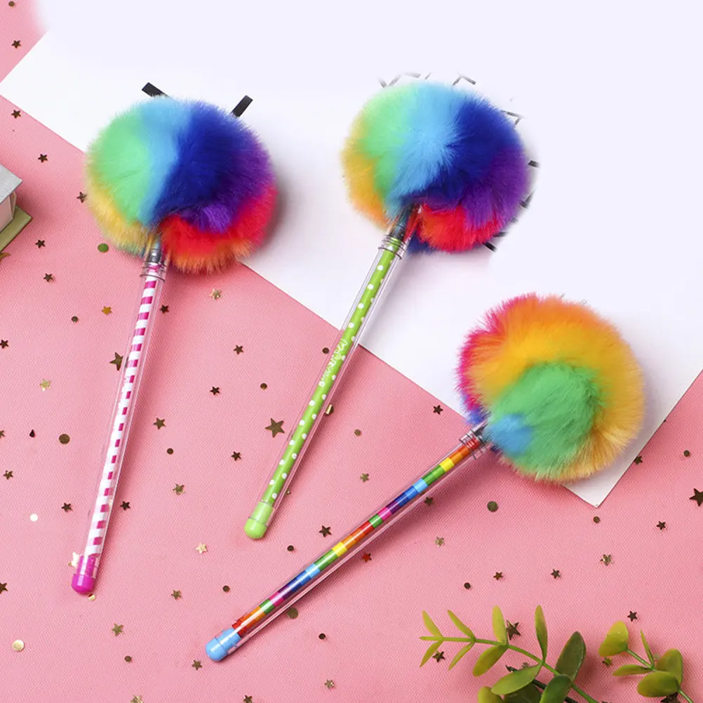 3Pcs Adorable Portable Pompom Ballpoint Pens Writing Pens for School Office Study Students Journals Craft Coloring