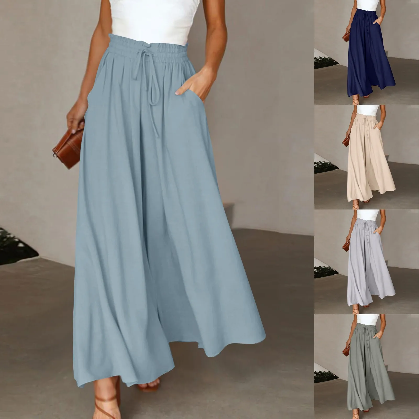 

Minimalism Versatile Lighweight Solid Color Trousers Elastic Wasit Wide Leg High Waist Loose Wide Leg Pleated Drawstring Pants