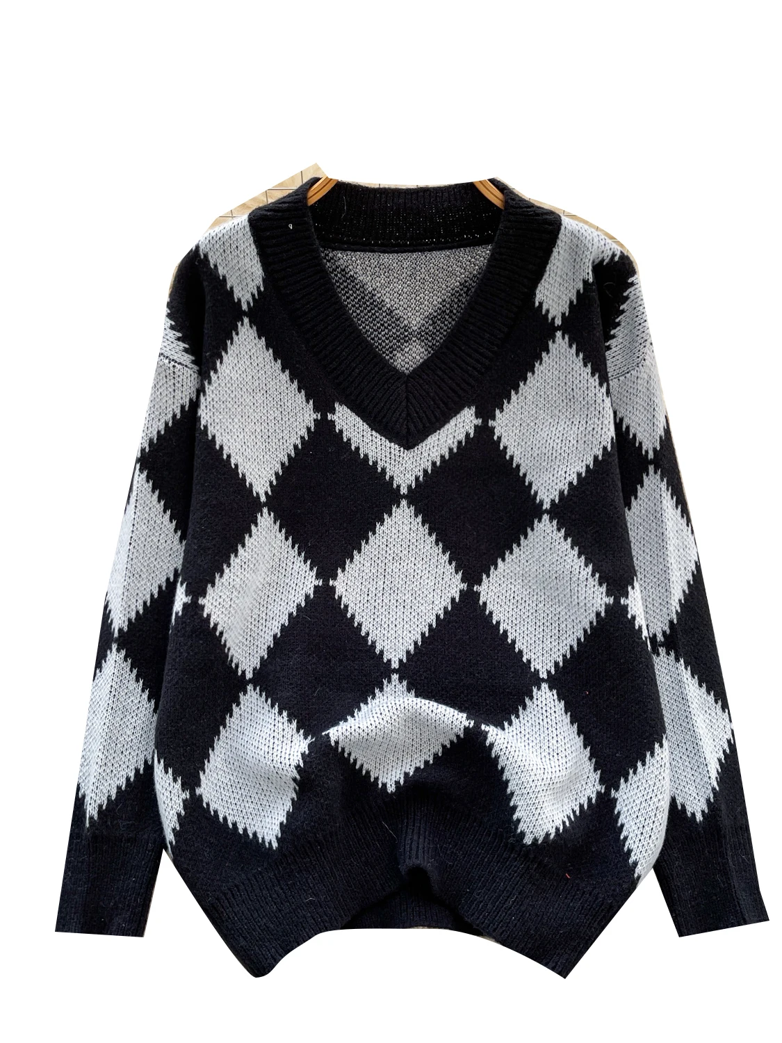 فضفاضة تناسب V-Ne طويلة Sve متماسكة سترة المرأة الكورية Sle كسول تصميم الرجعية الماس نمط اللون بلو محبوك irt #5