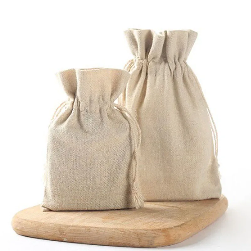 Natural Linen Jewelry Gift Bags 8x11cm 9x12cm 10x15cm 13x17cm Pack of 50 Custom Logo Sack Makeup Drawstring Pouches