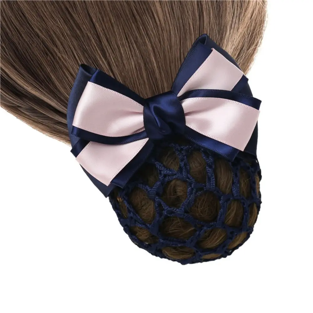 Handmade Hair Bun Cover Net Double Bow Spring Clip Hair Net Snood Satin Ribbon Crochet Elastic Net Crochet Hair Bun Cover
