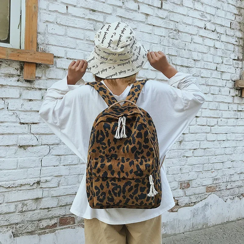 Leopard Print Soft Backpack Portable Large-capacity Student Corduroy Double Shoulder Schoolbags Bag