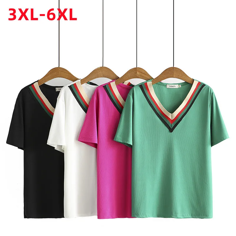 Mới 2022 Nữ Mùa Hè Plus Kích Thước Cao Cấp Cho Nữ Size Lớn Nữ Tay Ngắn Xanh Cotton Hố Choth Áo Thun Cổ V 3XL 4XL 5XL 6XL