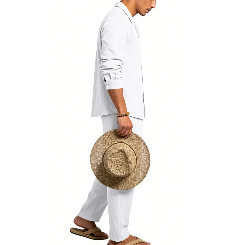 Europäisch-Amerikanisches Herren-Leinen-Freizeitset: Hemd mit Umlegekragen und Hose mit hohem Bund und Gürtel – Locker, atmungsaktiv, für Urlaub und Strand – Detail 5