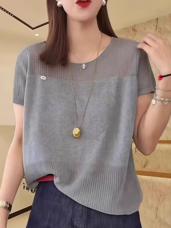 

Loose Fit round Neck Short Sleeve Knitted Top Women's Summer Fashion Slimming Trendy T-Shirt Korean Style Commute Wind