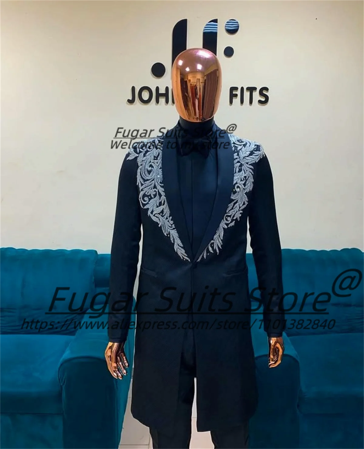 

Elegant Applique Long Formal Men Suits Customized 2 Pieces Sets Slim Fit Shawl Lapel Groom Wedding Tuxedos Male Prom Blazers