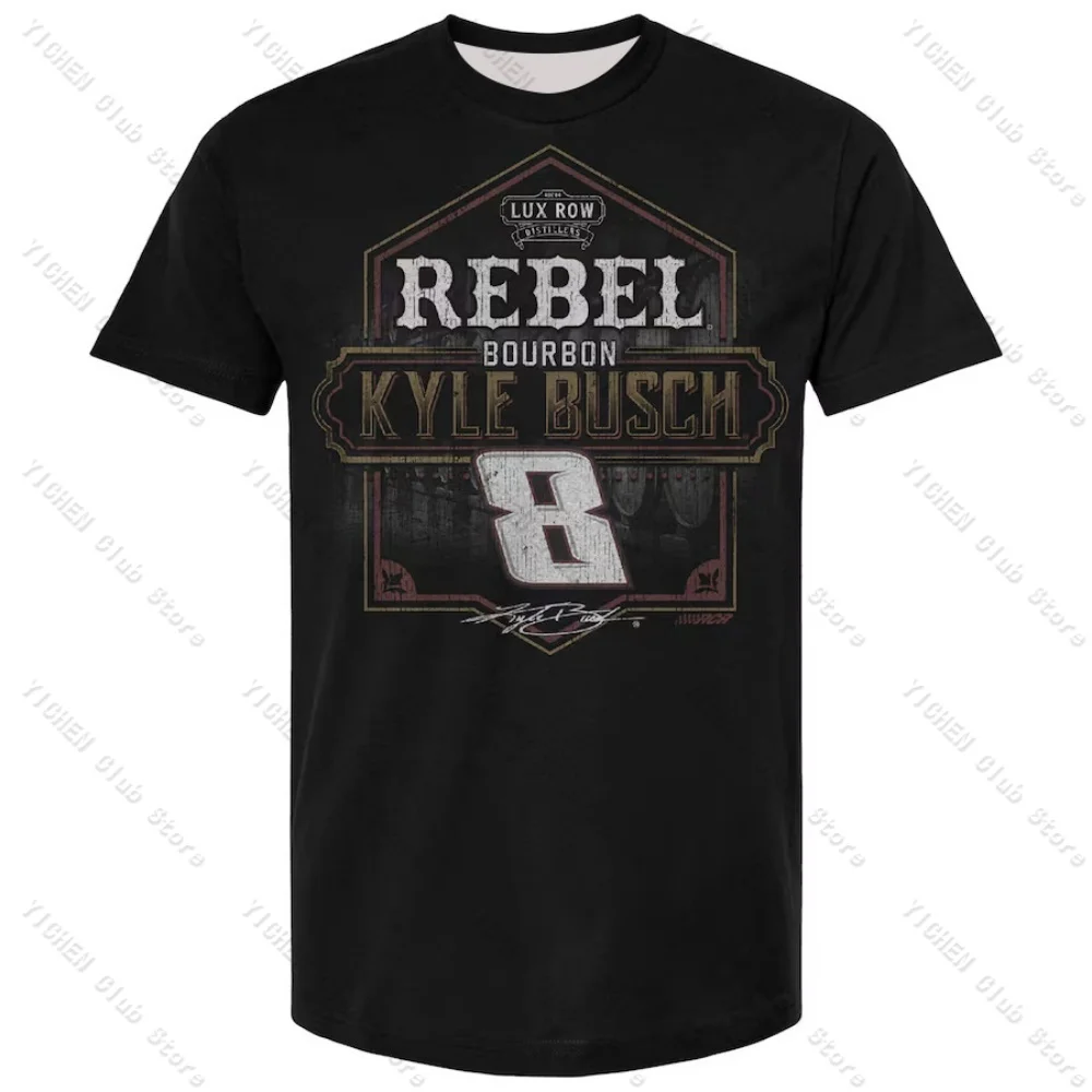 Motorcycle T-Shirt Kyle Busch Checkered Flag Sports Black Rebel Bourbon Pit Stop T-Shirt Street Casual Versatile Men's T-Shirt