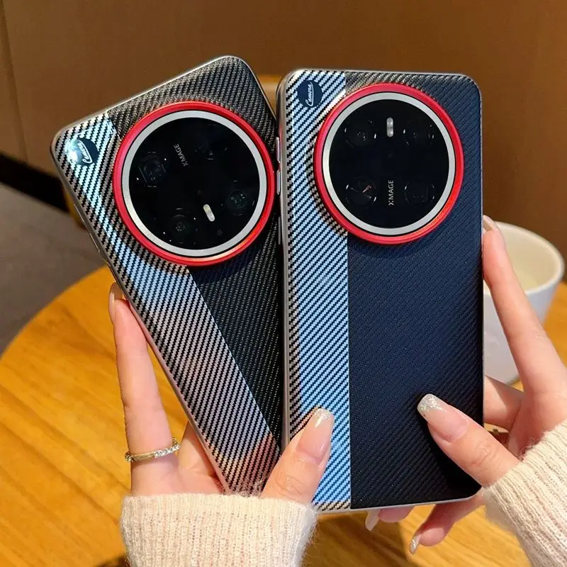 

Luxury Carbon Fiber Texture Phone Case for Huawei Mate 70 Mate 60 Pro Plus Electroplating Splicing Camera Protection Slim Cover