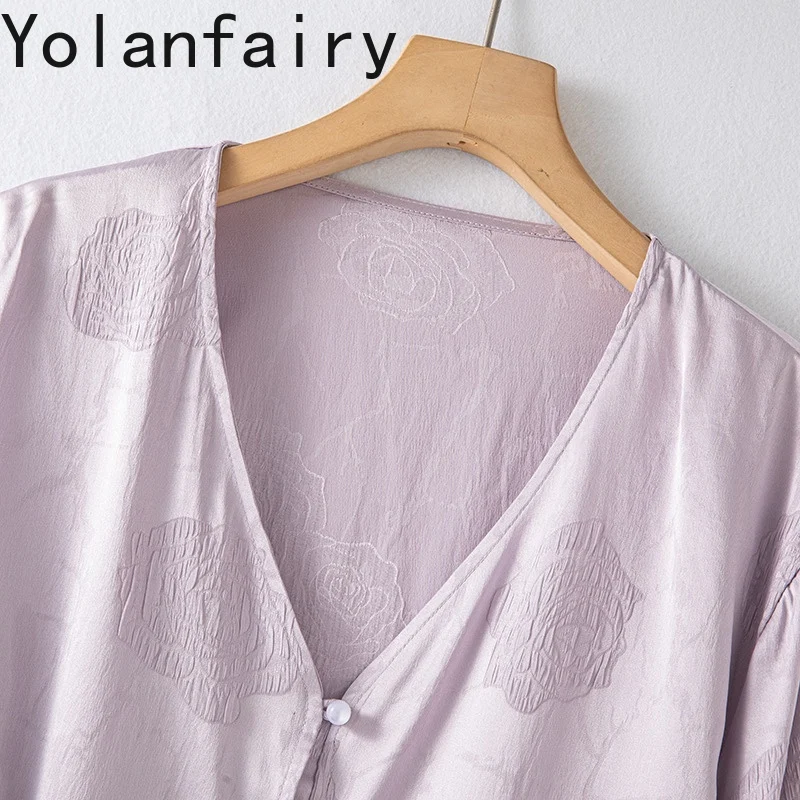 YOLANFAIRY 93% 멀 베리 실크 긴 소매 셔츠 여성 우아한 보라색 여름 탑 새틴 로즈 통기성 셔츠 여성 카디건
