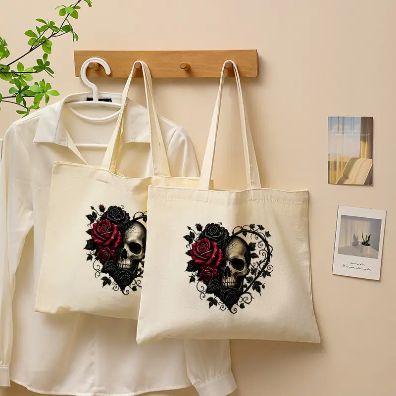 Skull Rose Heart Canvas Tote Bag Gothic Print Shoulder Handbag Large Capacity Daily Shopping Travel Grocery Bag Gift for Women