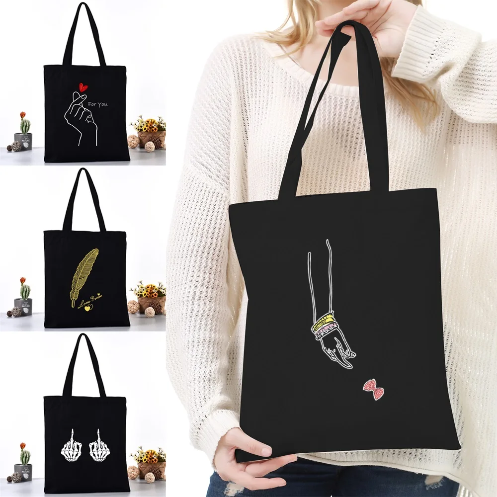 Women Canvas Shoulder Bag Reusable Shopping Bags Ladies White Picture Pattern Handbags Casual Tote Grocery Storage Bag for Girls