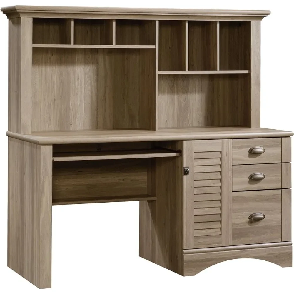 Sauder Harbor View Computer Desk with Hutch, Salt Oak finish