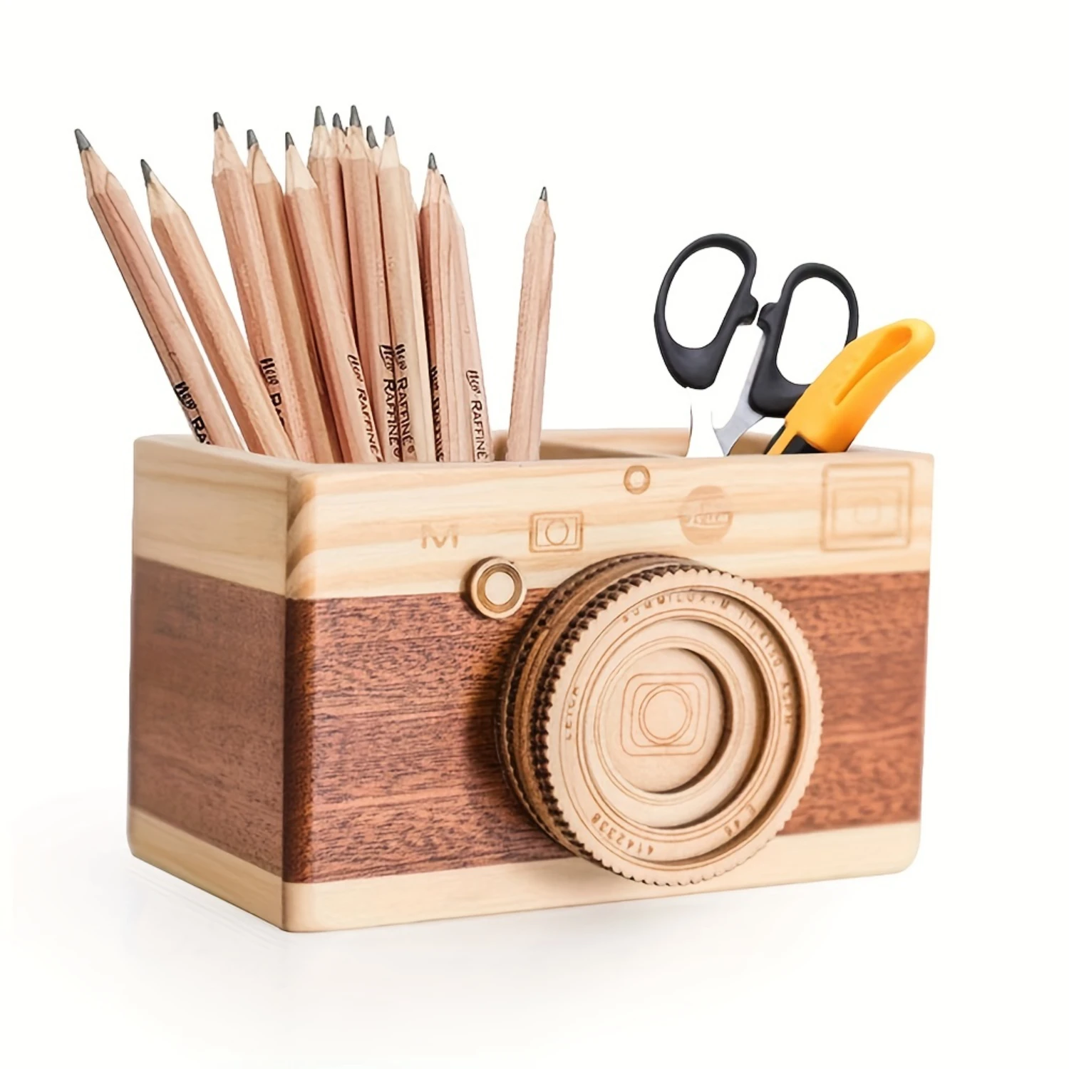 Wooden Camera Pencil Holder - Perfect  Desktop Organizer for Stationary & Makeup