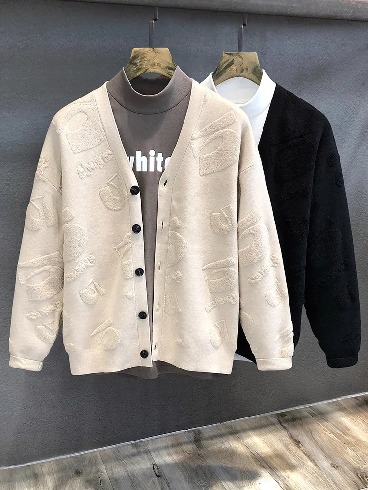 

Men's V-Ne Knitted Sweater Casual Autumn Winter Faionable Floral Embroidery Fce Jaet Loose Fit Long Sve Sweatirt