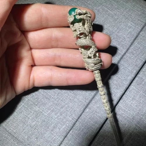 Classical Chinese style Tibetan silver dragon play bead hairpin inlaid with jade hairpin