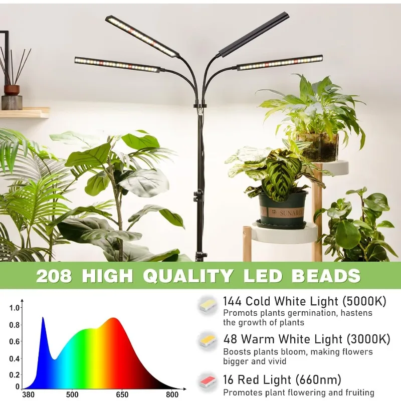 เติบโตไฟสําหรับพืชในร่มเต็มสเปกตรัมพร้อมขาตั้งสามขา, ไฟพืชสูง, โคมไฟเติบโตสี่หัว