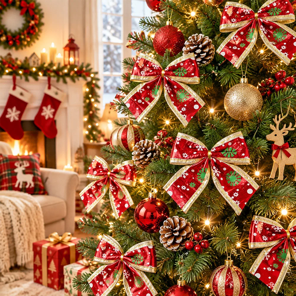 3Pcs Red Christmas Bow Ornaments Print Xmas Tree Hanging Bows For Gift Party Home Navidad Holiday New Year 2026 Decor Supplies