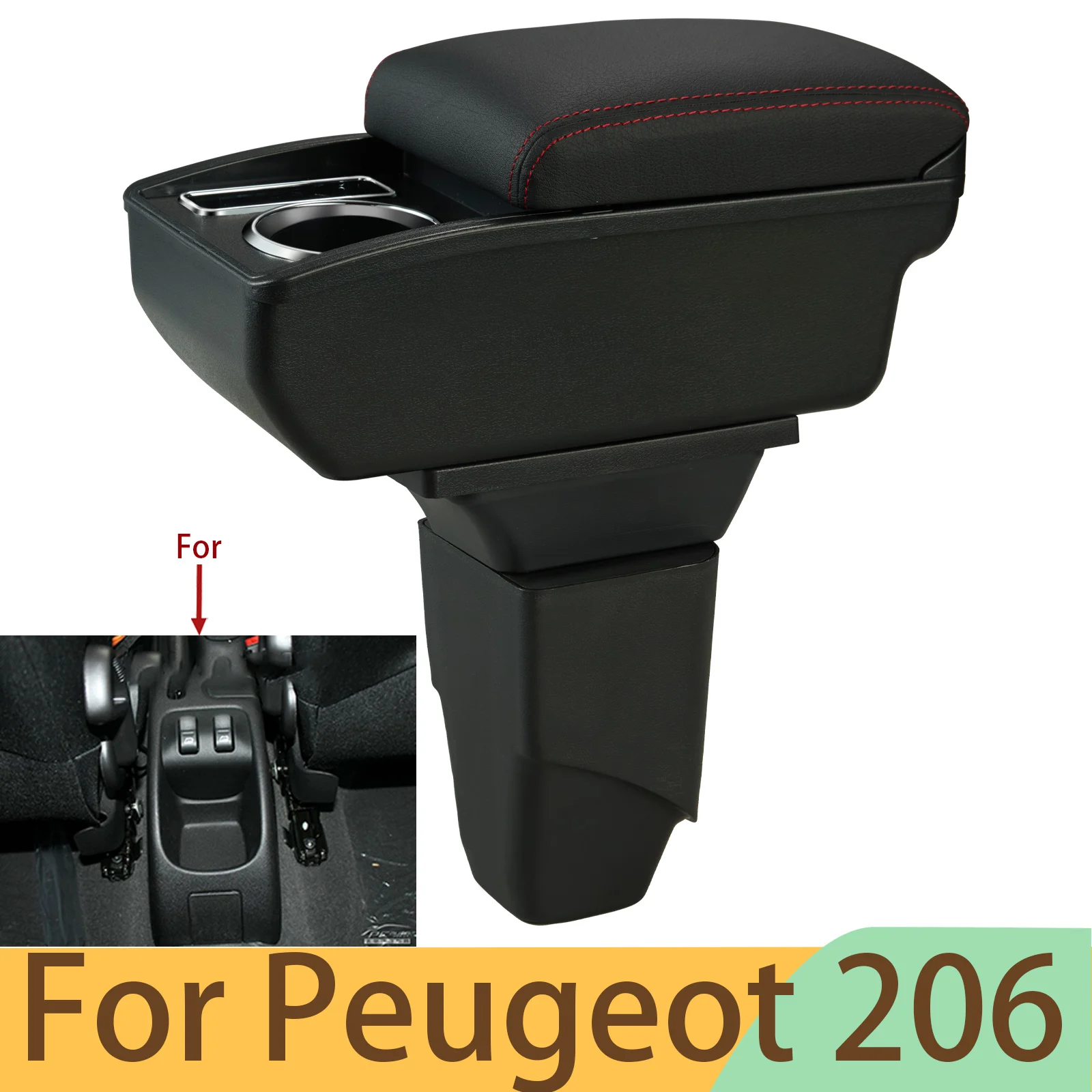 For PEUGEOT 206 Armrest for PEUGEOT 206 Car Armrest Box Retrofit Parts Storage Box Car Accessories Interior with USB LED Light