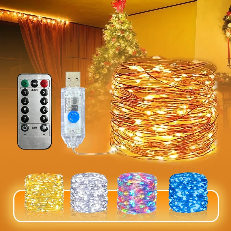 Remote Control Fairy String Lights 2M20LED-30M300LED Warm White Blue Colorful 8 Flash Modes for Home Bedroom Holiday Decor Set