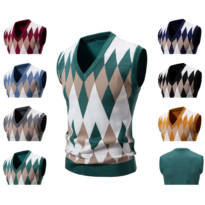 

Мужской модный свитер из чистого хлопка с V-образным вырезом, облегающий, вязаный, с ромбовидным узором, молодежный, осенне-зимняя новинка