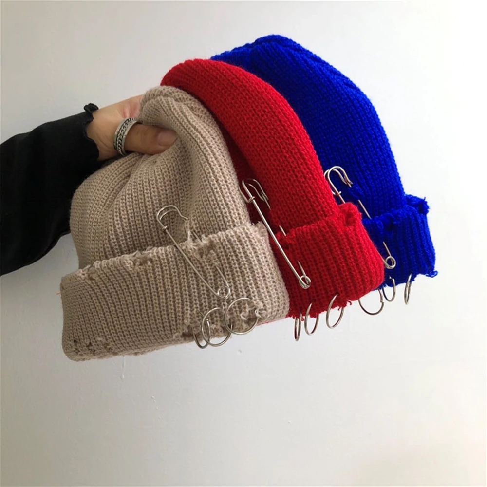 2024 Hip Hop Knitted Hat for Women Metal Ring Brimless Unisex Basic with Ripped Holes Cap Female Stretch Hats Men Women\'s Bonnet