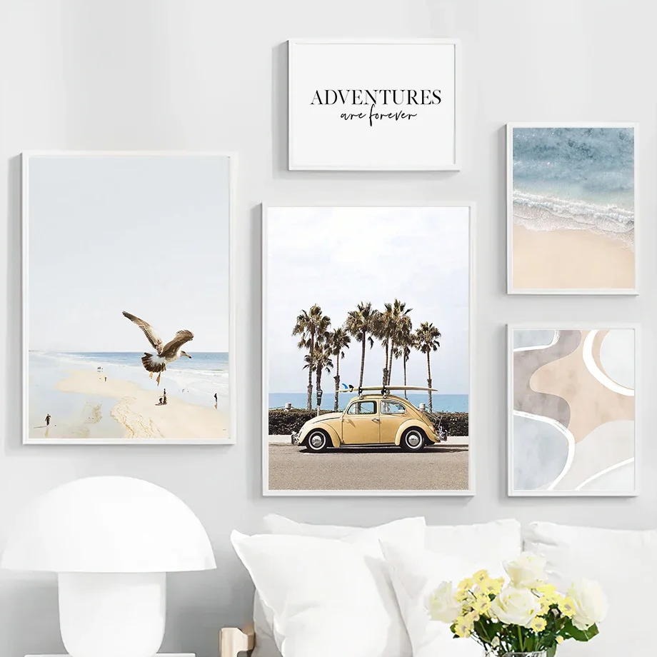 Coconut Tree Blue Beach Surfboard Car Wall Art Mural Canvas Painting Posters And Prints Wall Pictures For Living Room Home Decor