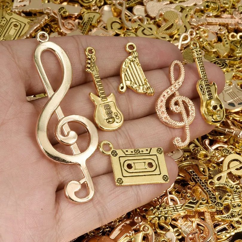 50 sztuk/partia Vintage/Kc złoty kolor losowa mieszanka taśma magnetyczna trąbka gitara muzyka wisiorek tworzenia biżuterii Hip Hop Charms akcesoria