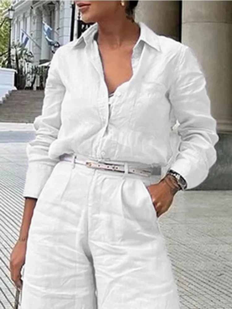 Kemeja Wanita Katun Linen Warna Solid 2025, Atasan Kancing Tunggal Minimalis untuk Kerja, Kaos Santai Musim Semi Gugur