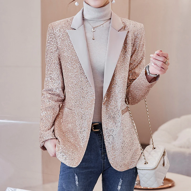 New collection women\'s sequin blazer suits Fashion Elegant Single button jacket basic coat Club Fall Clothes INKEO 2O150