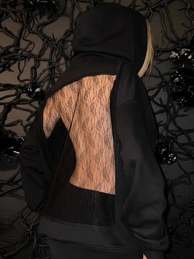 Kliou شبكة المرقعة عارية الذراعين البلوز امرأة الخريف الاتجاه مقنعين كم كامل المعتاد نمط الساخن الفتيات شارع العليا بلوزات على الموضة #2