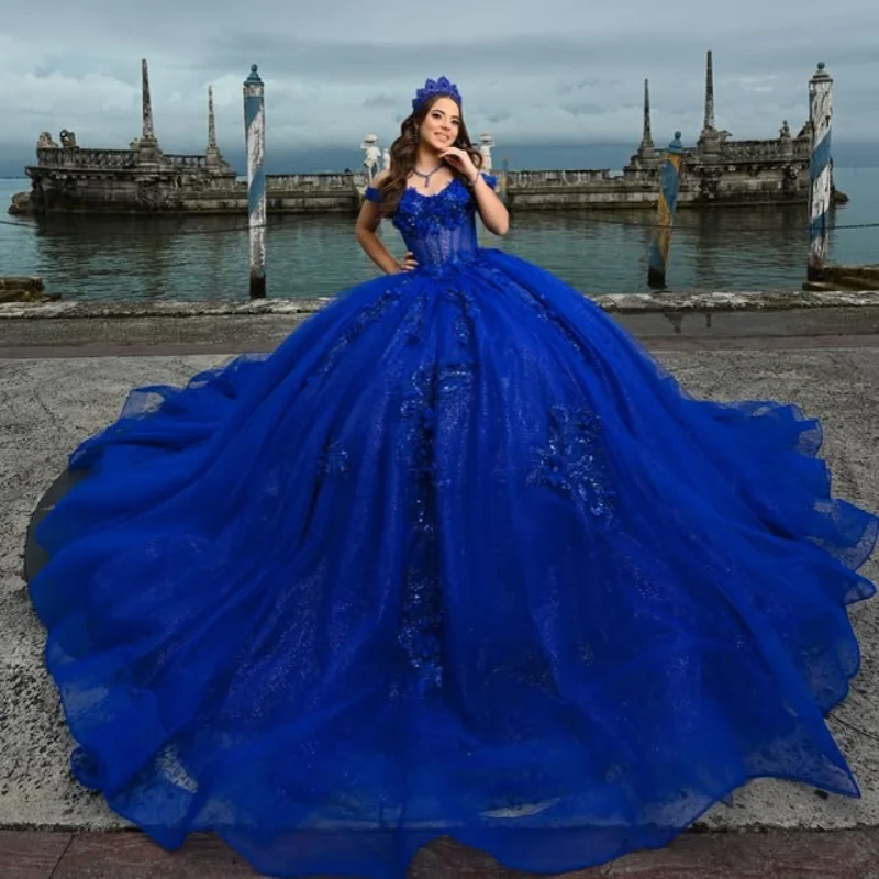 ชุดเดรสงาน Quinceanera สีน้ำเงินรอยัลเงางาม ประดับคริสตัลวิบวับ ลายดอกไม้ 3 มิติ พร้อมหางยาวและโบว์หลายชั้น ชุดเดรสสำหรับงาน Quinceanera อายุ 15 ปี ﻿ ปรับแต่ง