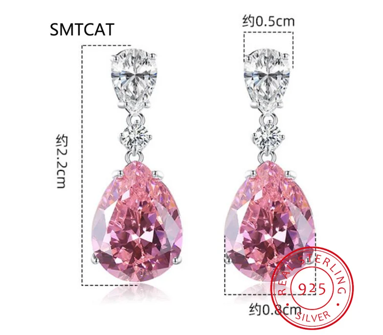 100% 925 Sterling Silver Pink Water Drop High Carbon Diamond Drop Earrings For Women Sparkling Wedding Party Fine Jewelry Gift