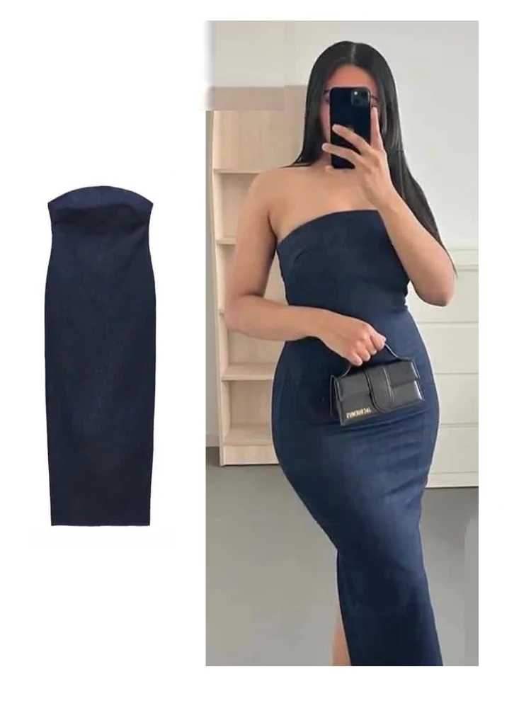 

Sexy Strapless Backless Zipper Split Dress Party Blue Denim Female Long Dress for Women Clothes