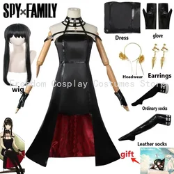Anime Spy X Family Yor Forger Cosplay Gothic Halter Black Dress Leather Stockings Outfit Yor  Forger Earring Wig Women Clothes