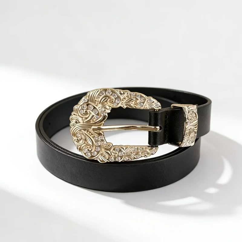 Vintage Carved Diamond-Studded Pin Buckle Women's Pu Leather Belt, Leopard Print and Solid Black Two-Tone Western-Style Belt, Waist-Cinching and Slimming, Suitable for Jeans and Dresses, Versatile for Autumn and Winter, Light Luxury Decorative Waist Belt