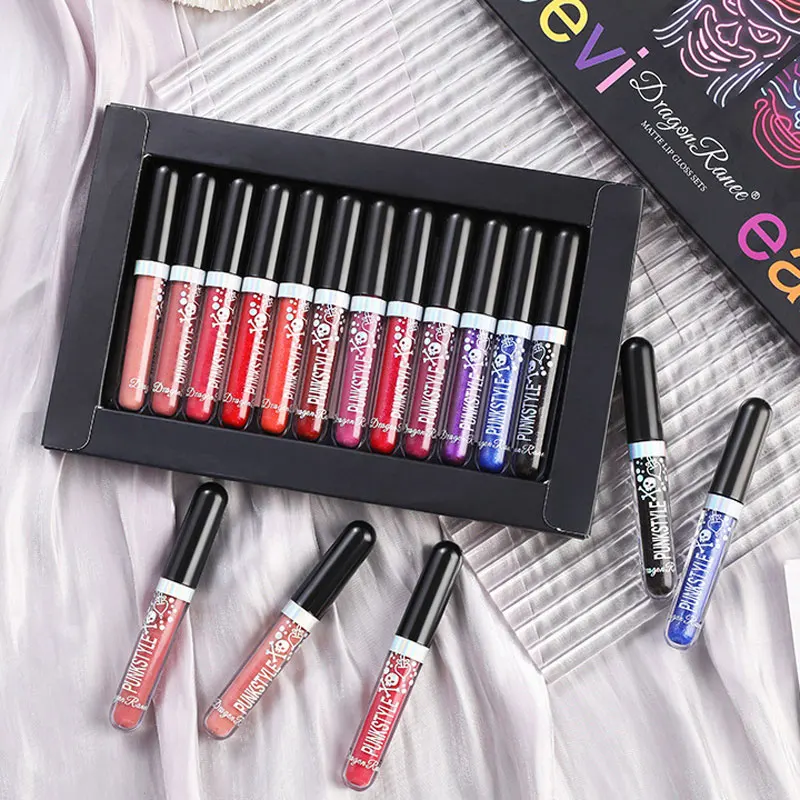 12Pcs/Box Glitter Lipstick Set Waterproof Sexy Blue Purple Black Lip Gloss Shiny Lip Tint Halloween Makeup Tool Korean Cosmetics