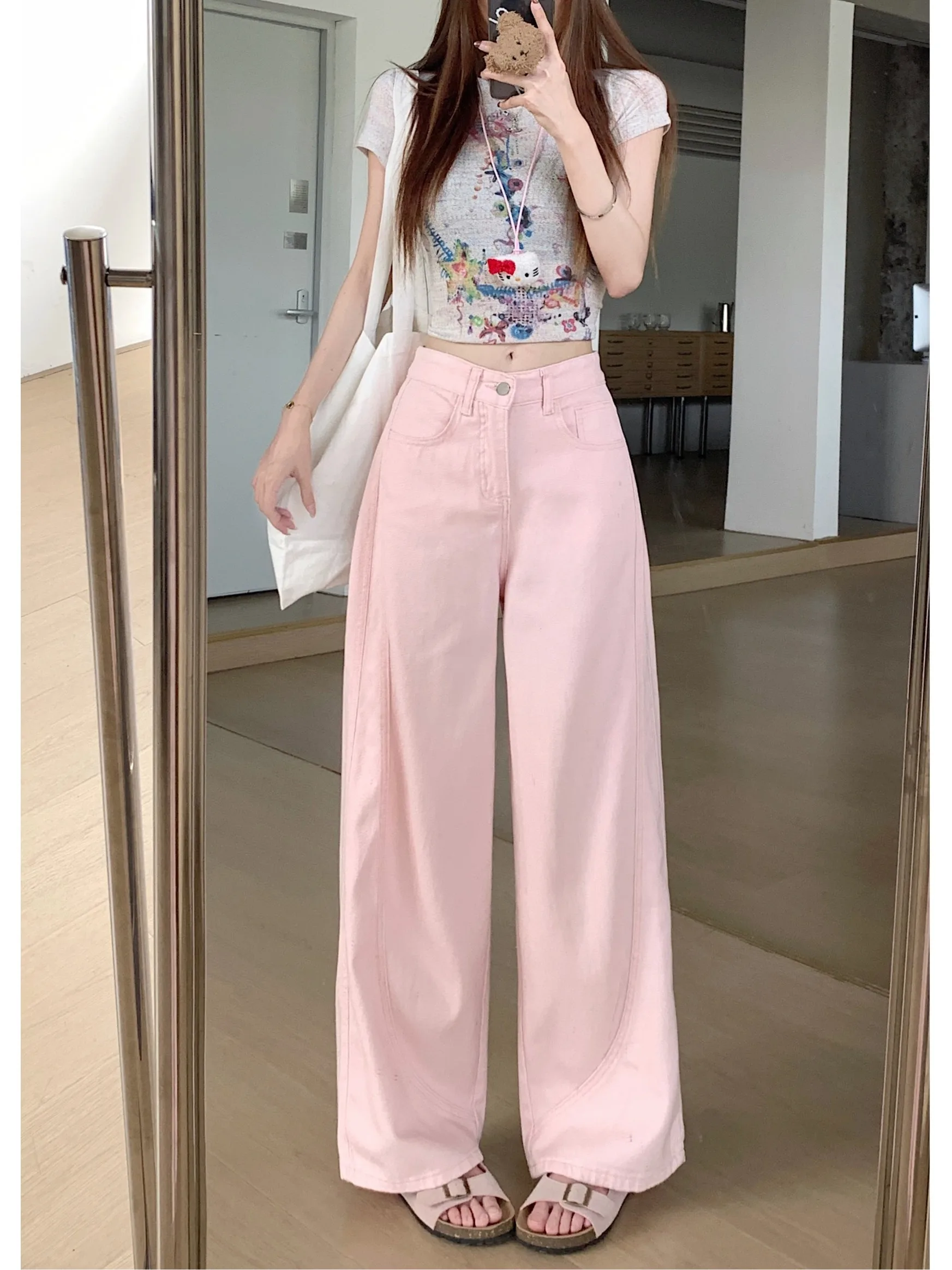 

High Waist Wide Leg Pink Denim Jeans Women Casual Loose Straight Cut Teenage Feelings Pants Spring 2026 New Arrival