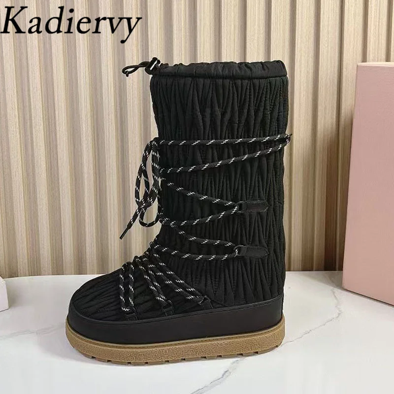 New Snow Boots Woman Thick Sole Winter Shoes Women Round Toe Lace Up Short Plush Warm Short Boots Pleated Flat Long Boots Women