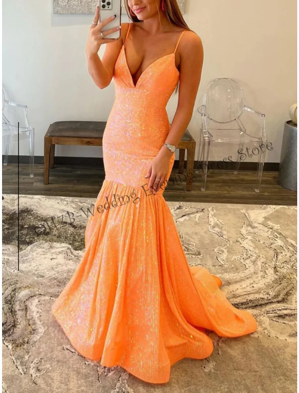 Sexy Sweep / Brush Train Sleeveless Spaghetti Strap Floor Length Sequined with Glitter Ruched Woman Formal Evening Dresses2023