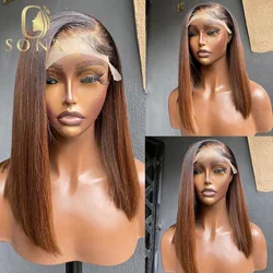 13X4 13X6 Transparent Lace Frontal Dark Roots Brown Honey Blonde Long Straight Bob Wig Pre Plucked Human Hair Wig With Bangs 613